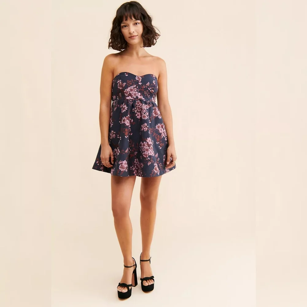 Free People Matilda Mini Dress Gray With Pink Jacquard Floral Women's Small